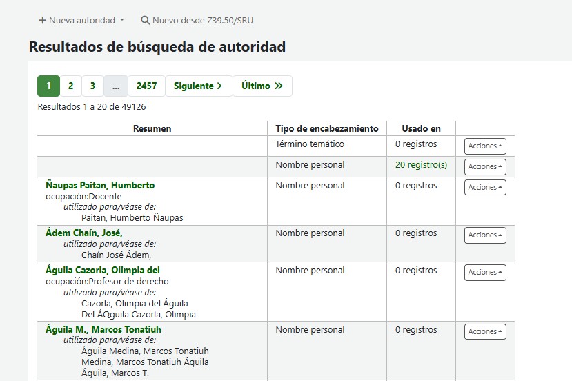 Ejemplo de visualización de ocupación en resultados de autoridades de Koha
